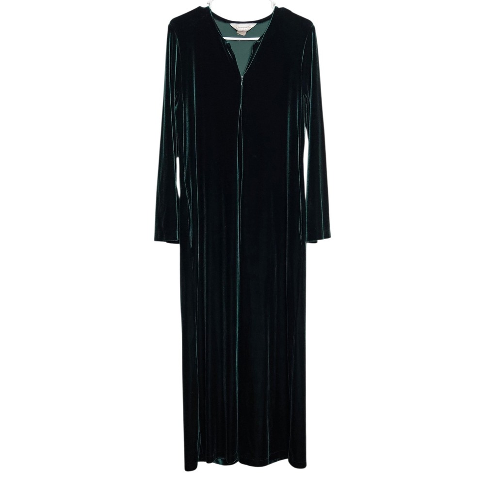 Diamond‎ Tea Velour Robe Size S Zip Front Slit Pockets V-Neck Lounge Green